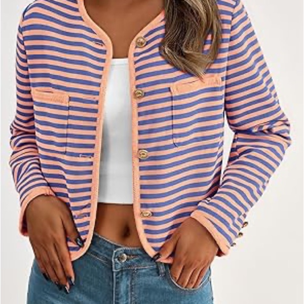 PrettyGarden Striped Orange and Blue Women's Blazer Jacket Size L